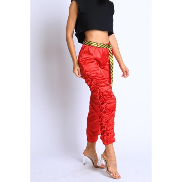 Women's Casual Satin Shirring Long Cuffed Pants With Belted Daily Outdoor Comfy - Picture 12 of 12